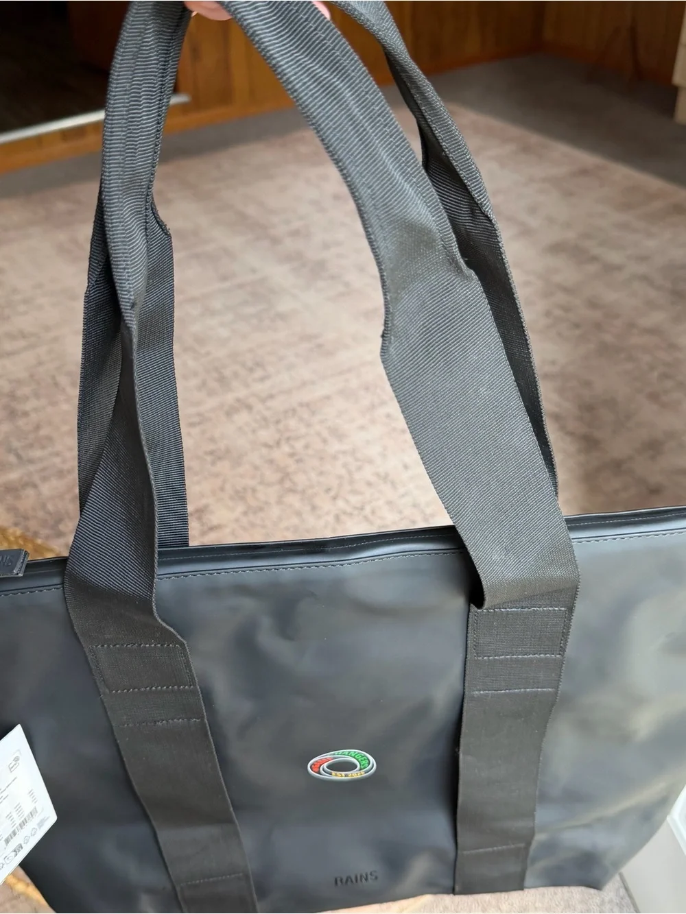 NWT Rains Black Tote Bag Mini W3 with Multicolor Logo Patch